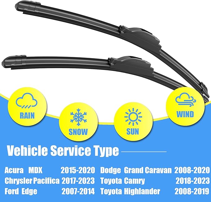 Gavimnal® 26"+20" Silicone Wiper Blades Replacement For Toyota Camry 2018-2024 Highlander 2008-2019 Dodge Grand Caravan 08-20 Ford Edge 2007-2014,All-Season Front Windshield Wiper Blades(Set of 2)