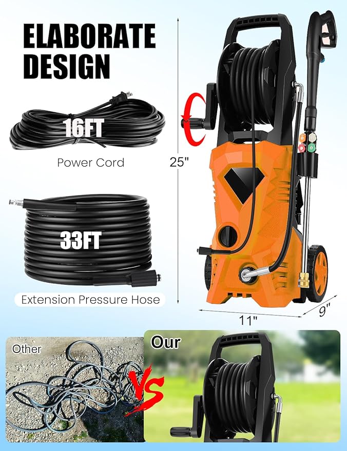 Power Cleaner 5000 PSI with 33FT Hose, 4 Nozzles for Car/Patio Cleaning(Orange)