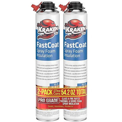 Kraken Bond Fastcoat Fire Rated Spray Foam Insulation (2x27.1 oz.) (R-Value 11.32 / 2in) Closed Cell Expanding Foam - Heat and Acoustic Insulation, Gun & Cleaner Not Includes, 40 Board Ft, 2 Pack