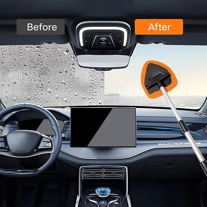 Qydipclin 10pcs Windshield Cleaning Tool Inside Car Window Cleaner Wash Kit with 4 Reusable Microfiber Pads 1 Spray Bottle and Extendable Handle Interior Auto Glass Wiper Kit, Orange