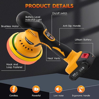 Cordless Car Polisher Kit for Waxing & Scratch Removal, Beginner-Friendly 6-Inch Car Buffer with 2×21V Batteries, 8-Speed 2800–6000 RPM, 21-Piece Detailing Set