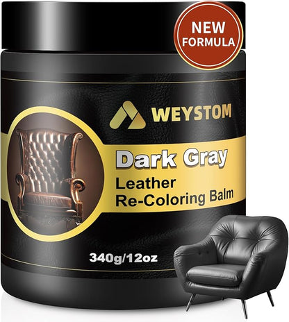 WEYSTOM Leather Recoloring Balm, 12oz Large Size Leather Dye, Color Restorer, Scratch Repair, Furniture & Couch Restorer Kit, Repair Kit for Furniture(Dark Gray)