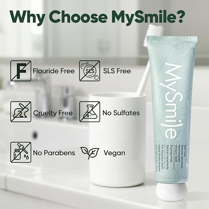 MySmile Fluoride Free Nano Hydroxyapatite Toothpaste for Sensitive Teeth, Strengthens Enamel, Remineralizes & Whitens Teeth, Freshens Breath for Adults, SLS Free, Natural Misty Mint, 4.2 oz