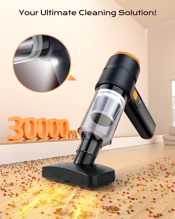 Car Vacuum Portable Cordless, 4-in-1 Handheld Vacuum Cordless with 30000PA Suction, 130000RPM, 6800mAh Battery, 10 Nozzles, Rubber Paint Material for Car, Home, Birthday Gifts for Men Dad Husband