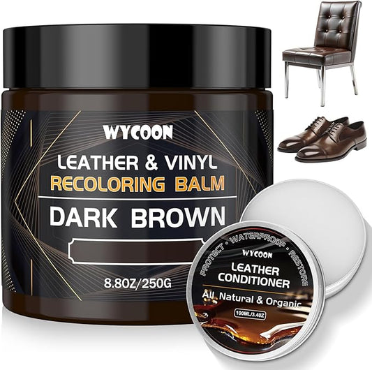 WYCOON Leather Recoloring Balm with 100ml Mink Oil Conditioner | Dark Brown Repair Kit, Dye & Color Restorer for Furniture, Sofa Car Seats, Bags | Restore Faded & Scratched Surfaces