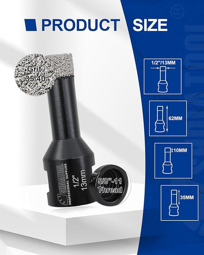 SHDIATOOL Diamond Core Drill Bits 2PCS 1/2 Inch(13mm) for Porcelain Ceramic Tile Marble Brick Vacuum Brazed Hole Saw 5/8" Thread for Angle Grinder