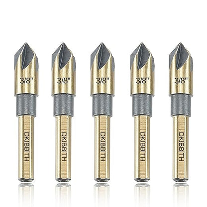 Countersink Drill Bit Set, 5 Pieces High Speed Steel 82 Degree 5 Flute 6mm Round Shank Mill Cutter Bit Countersink in Sizes 3/8" Set with Carrying Case.