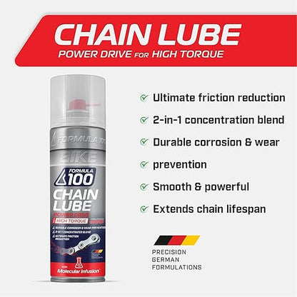 Formula 100 Power Drive Spray eBike Chain Lube – Lubricant for Electric Bikes – Durable Corrosion & Wear Protection, Friction Reduction, Race Day Blend – 300ml Aerosol (10.14 oz)