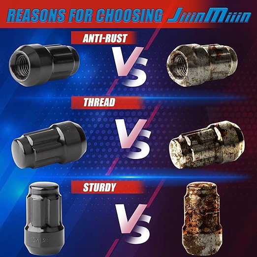 JiiinMiiin 16PCS M10x1.25 ATV Lug Nuts, Closed End 6 Spline 10x1.25 Lugnuts, 60 Degree Cone/Acorn Seat with 1 Socket Key, Black