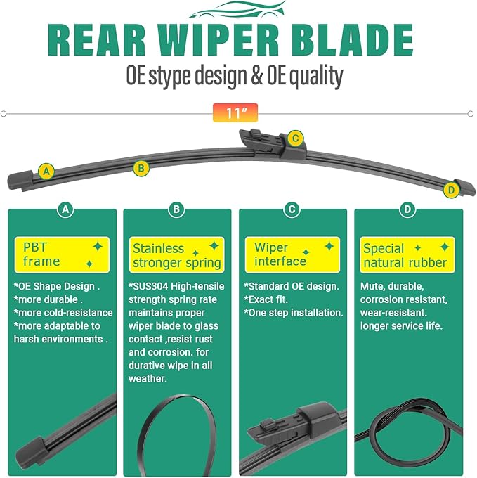 26" 18" 11" Windshield Wiper Blades Replacement for VW Volkswagen Golf GTI e-Golf MK7 MK7.5 2015 2016 2017 2018 2019 2020 2021 Premium All Weather Front Rear Wipers Set - OEM Quality (Pack of 3)
