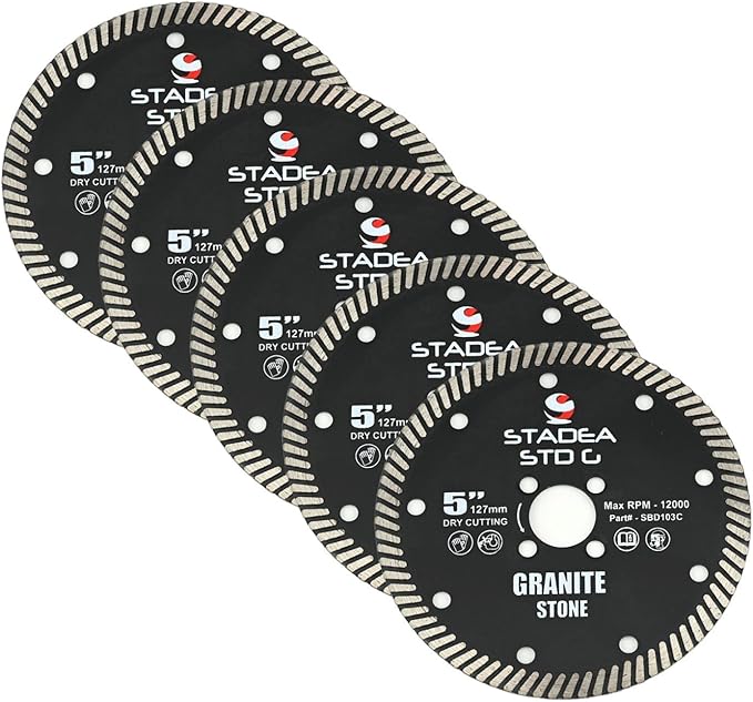 Stadea SBD113C Diamond Saw Blade 5-Inch Continuous Turbo Dry Cutting - Cuts Granite Quartz Quartzite, Fits Grinder, Saw Cutter, 8 MM Segments - Pack of 5