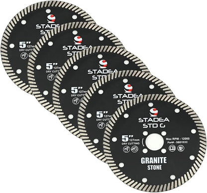 Stadea SBD113C Diamond Saw Blade 5-Inch Continuous Turbo Dry Cutting - Cuts Granite Quartz Quartzite, Fits Grinder, Saw Cutter, 8 MM Segments - Pack of 5