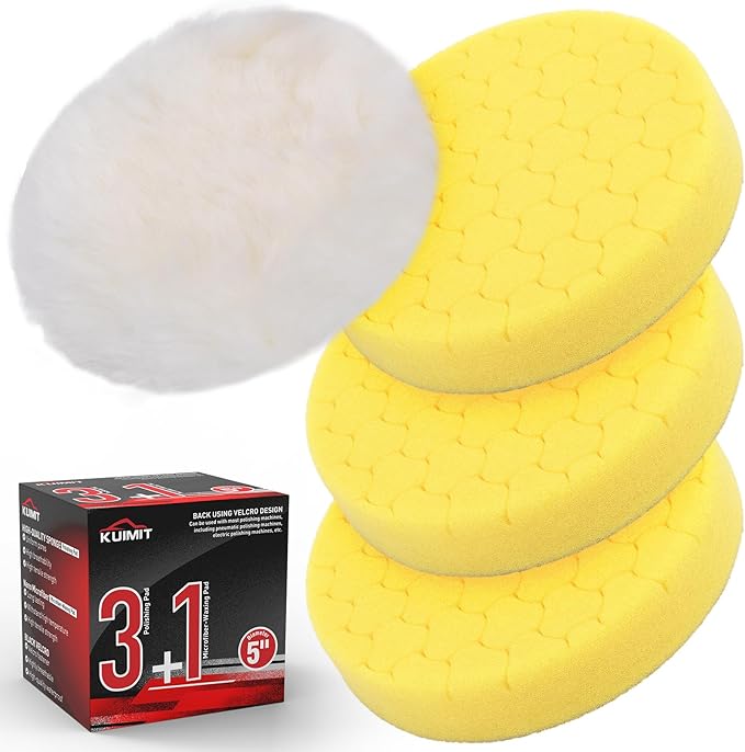 KUIMIT Yellow Polish Pad, 3Pcs 5.5 Inch Face for 5 Inch Buffing Polishing Pads and Woolen Pads 125mm Backing Plate Compound Buffing Sponge for Car Buffer Polisher Compounding, Polishing and Waxing