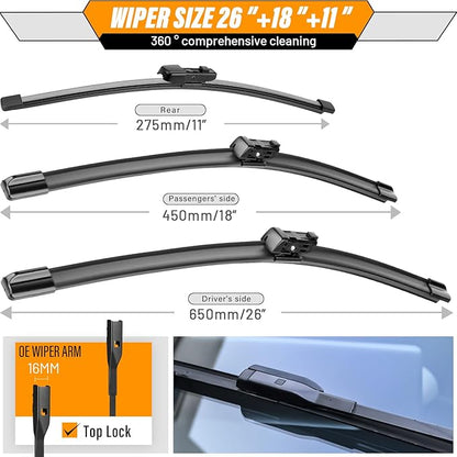 AUTOBOO 26"+18" Windshield Wipers with 11" Rear Wiper Blade Replacement for VW Volkswagen Golf GTI e-Golf 2021 2020 2019 2018 2017 2016 2015 -Original Factory Quality (Pack of 3)
