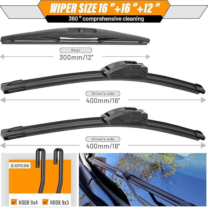 AUTOBOO 16"+16" Windshield Wipers with 12 Inch Rear Wiper Blade Replacement for Jeep wrangler JL 2018 2019 2020 2021 2022 2023-Original Factory Quality (Pack of 3)