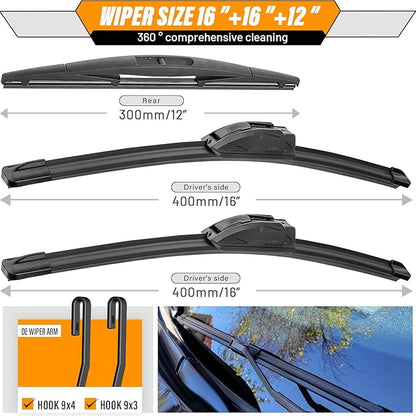 AUTOBOO 16"+16" Windshield Wipers with 12 Inch Rear Wiper Blade Replacement for Jeep wrangler JL 2018 2019 2020 2021 2022 2023-Original Factory Quality (Pack of 3)