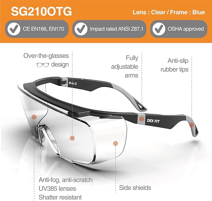 DEX FIT Safety Work Over Glasses SG210 OTG; Z87 Eye Protection for Men & Women, Fog & Scratch Resistant, Adjustable, UV Block (Black & Grey Frame, Clear Lens)