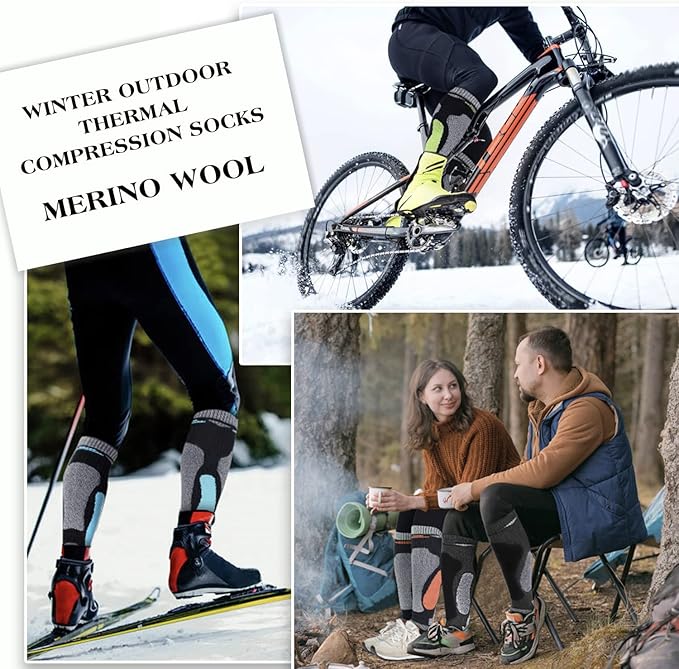 Merino Wool Ski Socks 2 Pairs for Mens Womens Knee High Thermal Snowboarding Socks for Cold Weather