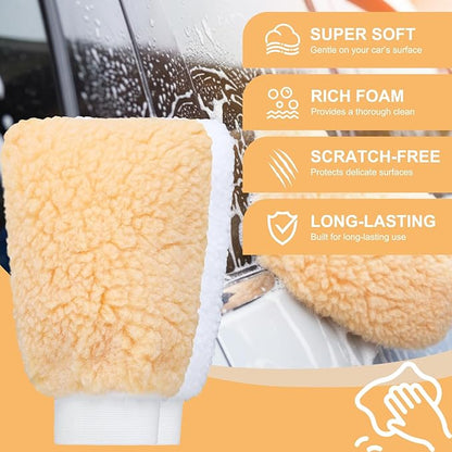 6 Pack Wool Car Wash Mitt, 9 x 6.3 Lambswool Wash Mitt Soft Imitation Professional Wool Cleaning Gloves for Car Detailing House Dusting Home Surface Care, Yellow & White
