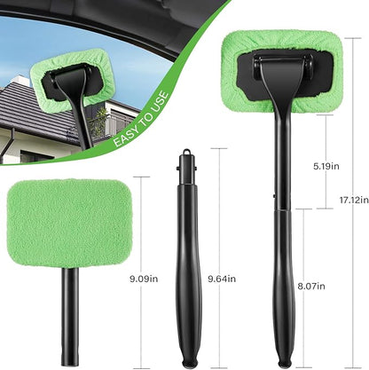 Frienda 2 Set Windshield Cleaner Tool Inside Car Windshield Cleaning Wand Auto Window Cleaner with Detachable Handle, 8 Reusable Microfiber Pads and 2 Spray Bottles for Car Interior(Gray, Green)