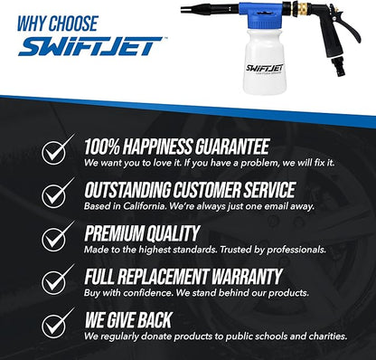 SwiftJet Car Wash Foam Gun + Microfiber Wash Mitt - Foam Cannon Works with Any Soap - Garden Hose Car Foam Sprayer - Car Wash Kit - Car Accessories Foam Blaster (Blue Foam Gun with Mitt)