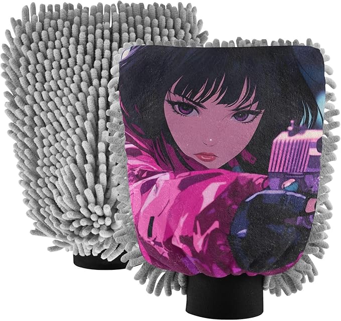 XYMZR Absorbent Microfiber Car Wash Mitt Woman Anime, Funny Cute Anime Scratch Free for Cars Cleaning, Home Cleaning Mitts, 2 Pack, 10.24” L x 7.09” W
