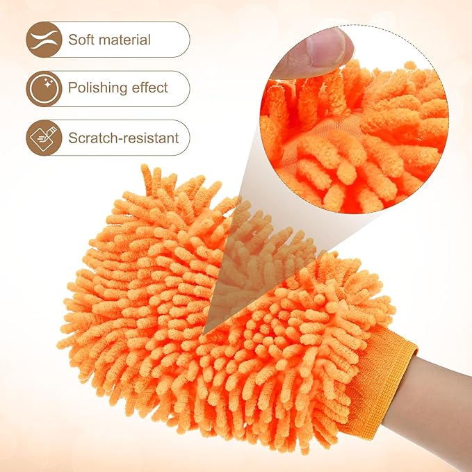HARFINGTON Chenille Microfiber Car Wash Mitts 9.8" x 7.9" Scratch Free Wash Gloves Absorbent Double Sided Plush Cleaning Drying Mitts for Car Washing Home Orange Yellow
