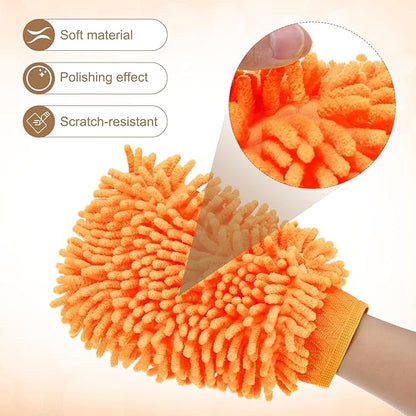 HARFINGTON Chenille Microfiber Car Wash Mitts 9.8" x 7.9" Scratch Free Wash Gloves Absorbent Double Sided Plush Cleaning Drying Mitts for Car Washing Home Orange Yellow