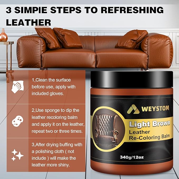 WEYSTOM Leather Recoloring Balm, 12oz Large Size Leather Dye, Color Restorer, Scratch Repair, Furniture & Couch Restorer Kit, Repair Kit for Furniture(Light Brown)