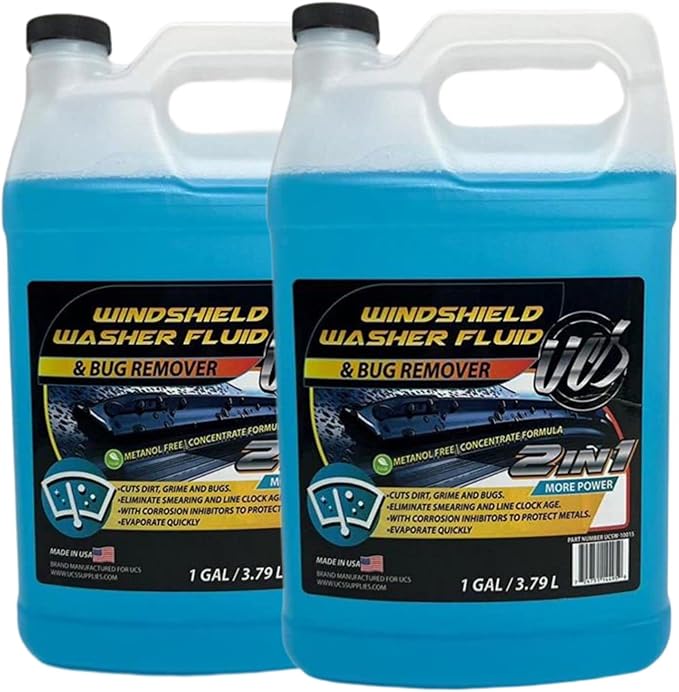 UCS 2-in-1 Windshield Washer Fluid 2-Pack (1 Gallon Each, 256 fl oz Total) – Ready to Use, Streak-Free Formula, All-Weather Cleaning, Removes Bugs, Dirt & Road Grime – Premium Windshield Cleaner