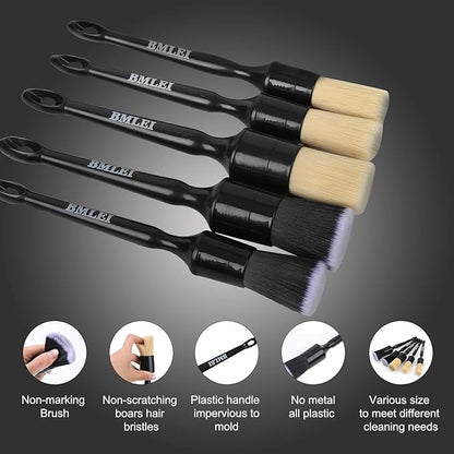 5pcs Car Detailing Brushes Set, Boars Hair Auto Car Detail Brush Kit No Scratch, Ultra Soft Car Duster Brushes Perfect for Interior, Exterior Cleaning, Wheels,Tires,Leather Seats…