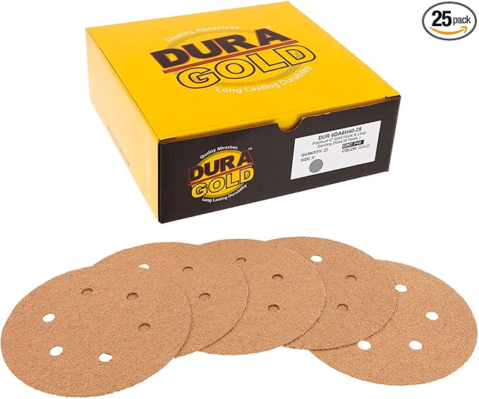 Dura-Gold Premium 40 Grit 6" Gold Sandpaper Discs, 6 Hole Pattern Dustless, Box of 25 - Hook & Loop Backing for DA Sander, Finishing Coarse Sanding Abrasive Automotive Paint, Woodworking Wood, Metal
