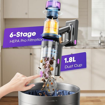 Flybroom Cordless Vacuum Cleaner, 650W 48KPa Vacuum Cleaners for Home, Self-Standing Stick Vacuums with LED Display, Anti-Tangle, Lightweight, Stick Vacuum Rechargeable for Pet Hair Carpet Floor