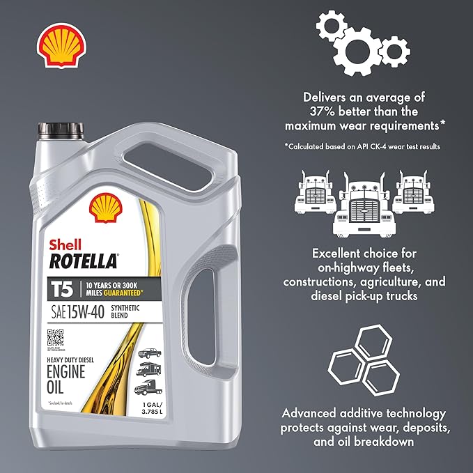 Shell Rotella T5 Synthetic Blend 15W-40 Diesel Engine Oil, 1 Gallon