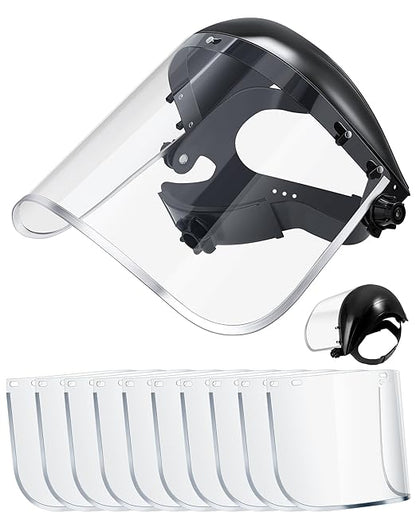 Copkim Safety Face Shield for Grinding and Cutting with 10 Pcs Replacement Clear Visor Full Impact Resistant Face Shield Protection Mask for Work Construction Weed Whacking Woodworking (Aluminum Edge)