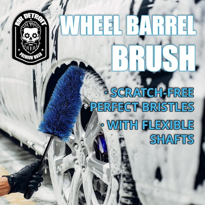 Mr. Detroit - Wheel Barrel Brush with Soft Durable Scratch-Free Bristles, Rim Brush, Wheel Cleaning Tool for Cars, Trucks, SUVs, Boats