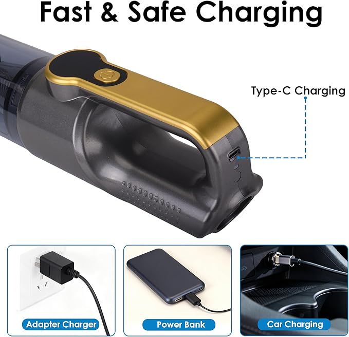 VIPDIGI Handheld Vacuum Cordless, Car Vacuum Portable Cordless 6000mAh Dust Busters Rechargeable Brushless Motor 18000Pa Strong Suction, Portable Vacuum for Car Home with 6 Accessories, Yellow