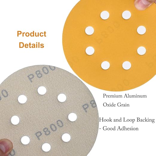 Aiyard 5-Inch 8-Hole Hook and Loop Sanding Discs 800-Grit Random Orbit Sandpaper, 100-Pack