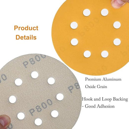 Aiyard 5-Inch 8-Hole Hook and Loop Sanding Discs 800-Grit Random Orbit Sandpaper, 100-Pack