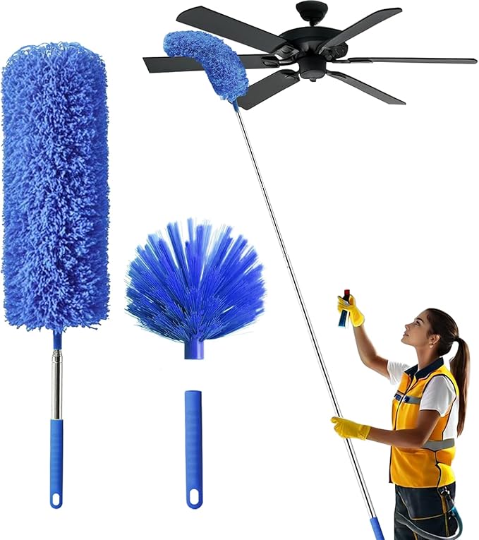 Cobweb Duster with Extension Pole, Washable Cleaning Duster Set with 2 Duster Heads, Spider Web Brush with Pole,high Ceiling Duster with Extension Pole,Cleaning Supplies,Ceiling Fan Cleaner