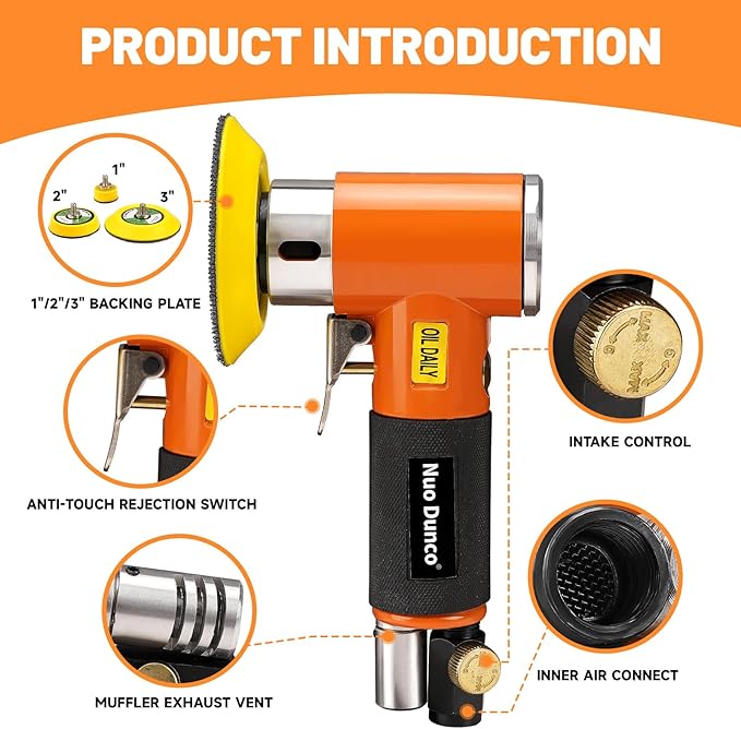 NuoDunco 1/2/3 Inch Mini Random Orbital Air Sander Kit Industrial Grade Pneumatic Sander for Auto Body Work with 60 Pcs 1"2"3" Hook & Loop Sanding Discs for Metal & Woodworking