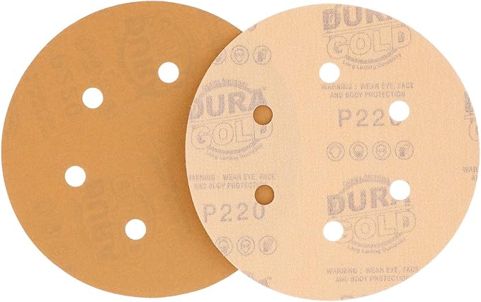 Dura-Gold Premium 220 Grit 6" Gold Sandpaper Discs, 6 Hole Pattern Dustless, Box of 50 - Hook & Loop Backing for DA Sander, Finishing Med-Cut Sanding Abrasive Automotive Paint, Woodworking Wood, Metal