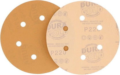 Dura-Gold Premium 220 Grit 6" Gold Sandpaper Discs, 6 Hole Pattern Dustless, Box of 50 - Hook & Loop Backing for DA Sander, Finishing Med-Cut Sanding Abrasive Automotive Paint, Woodworking Wood, Metal