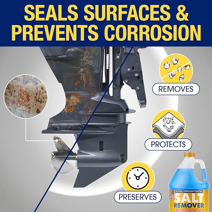 [1 Gallon] Concentrated Salt Remover + Corrosion Protection - Made in USA, Salt Cleaner Ideal for Boats, Cars, Marine Engine & Outboard Motor Flush, Washes Salt Away from Boat, Vehicles, & Trailers