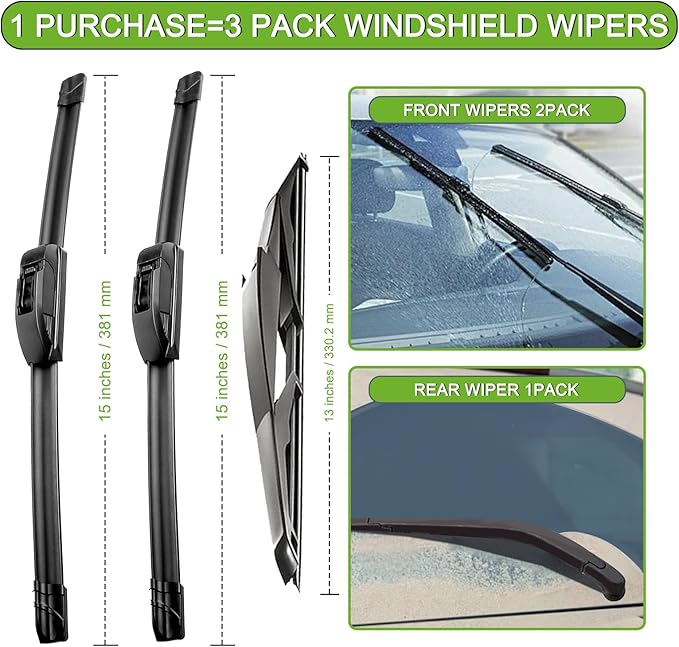 PARRATI® Windshield Wipers for Jeep Wrangler 2007-2017/Wrangler JK 2008-2018,15"+15" Front and 13" Rear,OEM Replacement Wiper Blades,Quiet & Streak-Free(Set of 3)