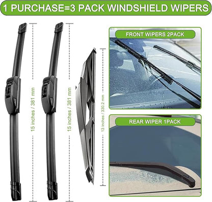 PARRATI® Windshield Wipers for Jeep Wrangler 2007-2017/Wrangler JK 2008-2018,15"+15" Front and 13" Rear,OEM Replacement Wiper Blades,Quiet & Streak-Free(Set of 3)