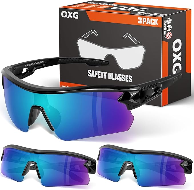 OXG 3 Pack Work Safety Glasses for Men Women, ANSI Z87.1 Scratch Impact Resistant Protective Eyewear for Industrial Shooting