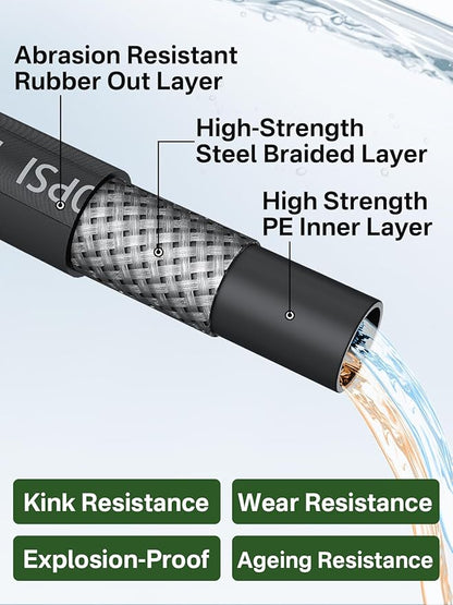3/8" 4800PSI Pressure Washer Hose 125FT with Swivel Quick Connect for Cold/Hot Water Max 248°F, Kink Resistant Steel Wire Braided, Wear Resistant Power Washer Hose with M22 14mm Adapter