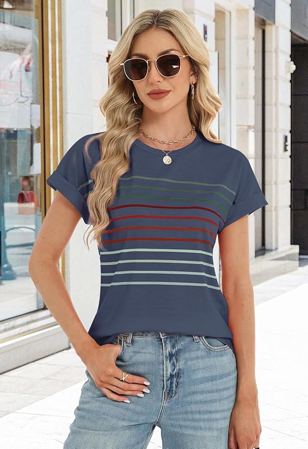 Womens Summer Tops Short Dolman Sleeve Crew Neck Striped Shirts Spring 2026 Fashion Beach Vacation Clothing