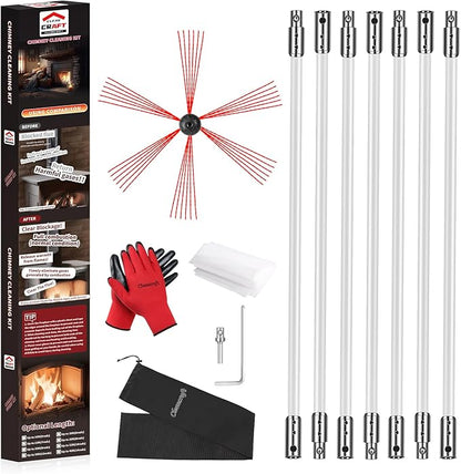 Cleancraft 23 Feet Chimney Sweep Kit, Chimney Cleaning Kit with 7 Flexible White Chimney Rods, Chimney Brush, Rotary Chimney Cleaning System Driven by Drill